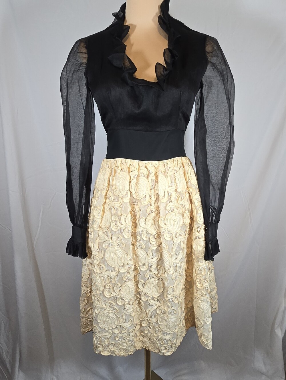 Vintage Geoffrey Beene Black Sheer Bodice with Cream Lace Skirt Dress